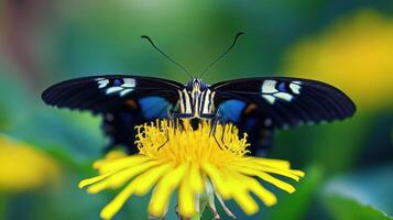 A colorful butterfly resting on a bright yellow flower in nature photo