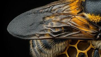 Close up image of a bee wing and body section photo