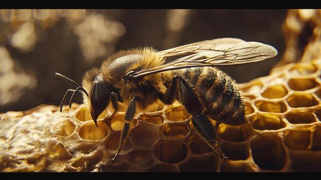 A close up view of a honey bee on a honeycomb photo