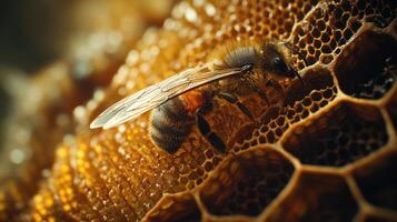 A close up image showing a bee on honeycombs photo