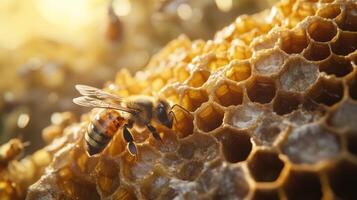 A honeybee is resting on top of a honeycomb structure photo