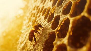 A honeybee explores honeycomb cells with sunlight highlighting the scene photo