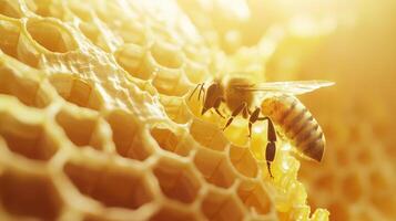 A honeybee rests upon a honeycomb structure in bright sunlight photo