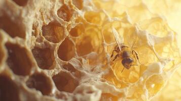 A honeybee rests upon a portion of a golden honeycomb structure photo