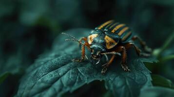 A detailed macro photograph of a striped insect on a green leaf photo