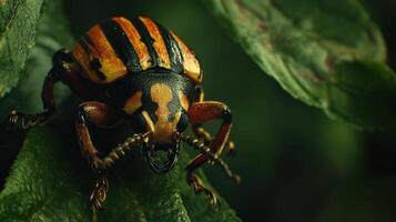 A close up image of a colorful striped beetle photo