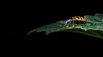 A small insect with stripes rests on a green leaf photo