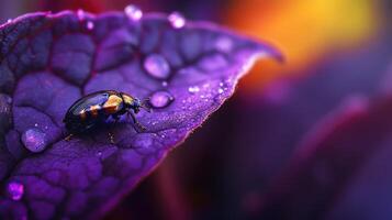 A glistening beetle resting on a vibrant purple leaf with droplets photo