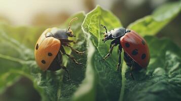 Two ladybugs resting on green leaves under natural sunlight exposure photo