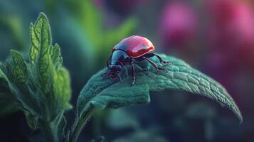 A shiny red beetle rests delicately on a green leaf photo