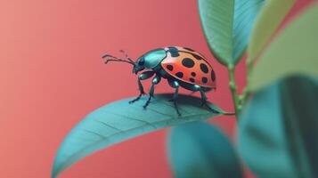 A detailed image showing a ladybug resting on a green leaf photo