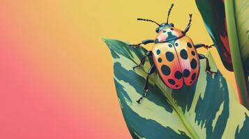 A colorful spotted beetle rests on a textured green leaf photo