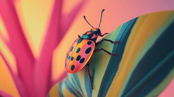 A colorful spotted beetle rests on a striped tropical leaf photo