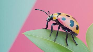 A colorful spotted beetle resting on a green leaf in detail photo