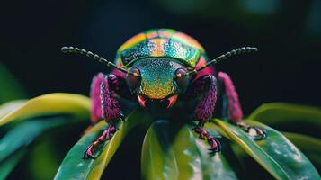 A detailed photograph of a vibrant iridescent beetle perched on foliage photo