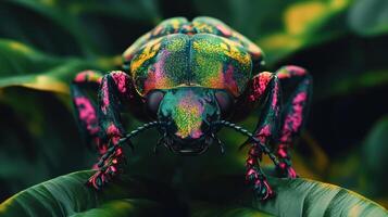 A close up picture of a colorful insect on green leaves photo