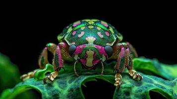 A detailed portrait showcases a colorful insect on a leaf photo