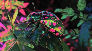 A colorful insect with spots sits on a green leaf photo
