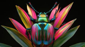 A colorful metallic beetle rests on beautiful colorful plant leaves photo