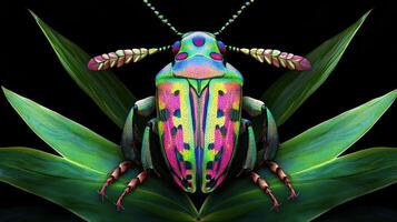 A Colorful Beetle Is Shown Resting On Green Leaves photo