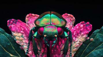 A detailed macro photograph displays a vibrant iridescent beetle and foliage photo
