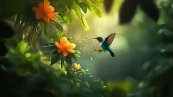A hummingbird hovering near flowers in a lush green garden photo