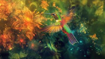 A colorful hummingbird flies near beautiful illuminated floral details photo