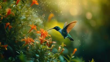 A hummingbird hovering near flowers gracefully to feed on nectar photo