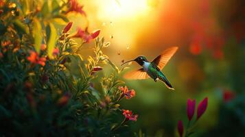 A hummingbird gracefully hovering near vibrant flowers at sunset photo
