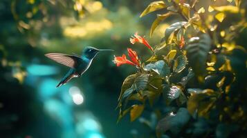 A hummingbird hovers near red flowers in a vibrant garden scene photo