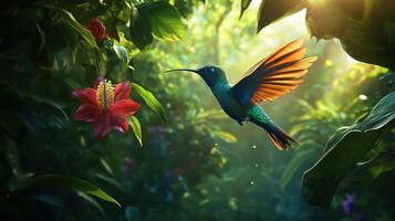 A hummingbird flies near a vibrant red flower in the sunlight photo