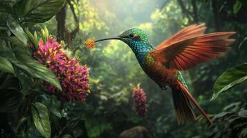 A colorful hummingbird hovering near vibrant blooming flowers in the jungle photo