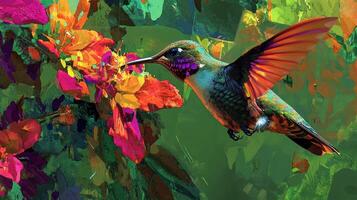 A brightly colored hummingbird approaches vibrant flowers for nectar photo