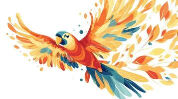 A colorful parrot depicted soaring with wings outstretched in flight photo