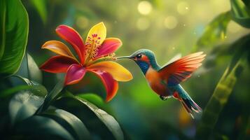 A colorful hummingbird approaches a vibrant flower in a lush garden photo