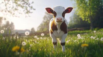 A young cow stands in a sunny green field of wildflowers photo