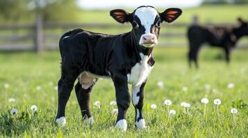 A small black and white calf standing in a grassy field photo