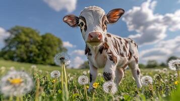 A young calf stands in a field of wildflowers on a sunny day photo