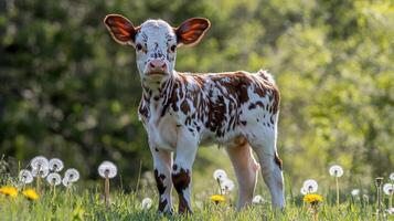 A young calf stands amidst green grass and dandelions in sunlight photo