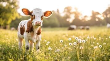 A young calf stands in a sunlit grassy meadow looking forward photo