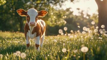 A small calf is standing in a field of grass and flowers photo
