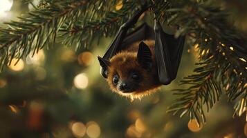 A cute bat hangs upside down on a green evergreen tree photo