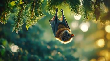 A brown bat is hanging upside down in a green tree photo