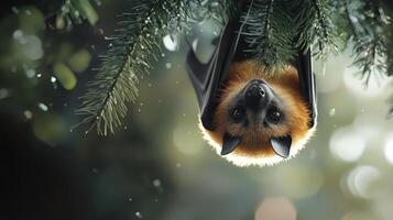 An adorable fruit bat hangs upside down on a tree branch photo