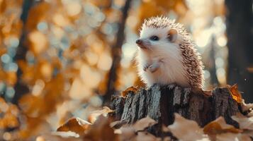 A cute hedgehog sits on a wooden stump in a warm autumn forest photo