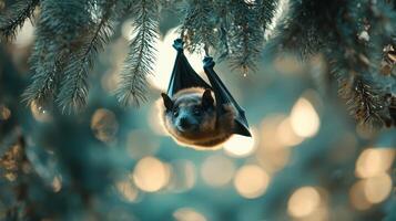 A small brown bat is hanging from a green pine tree photo