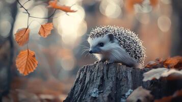 A small hedgehog sits on a tree stump in the autumn season photo