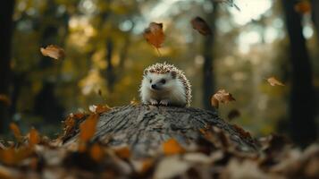 A small hedgehog sits among falling leaves in the forest photo