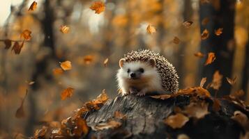An adorable hedgehog sits amidst falling autumn leaves on a log photo