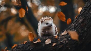 A small adorable hedgehog rests peacefully on a tree branch surrounded by leaves photo